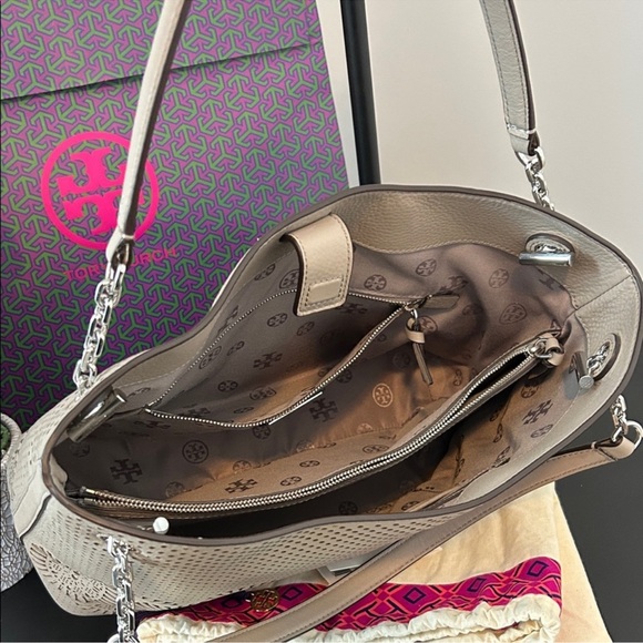 Tory Burch Taupe Perforated Shoulder Bag - Picture 13 of 14